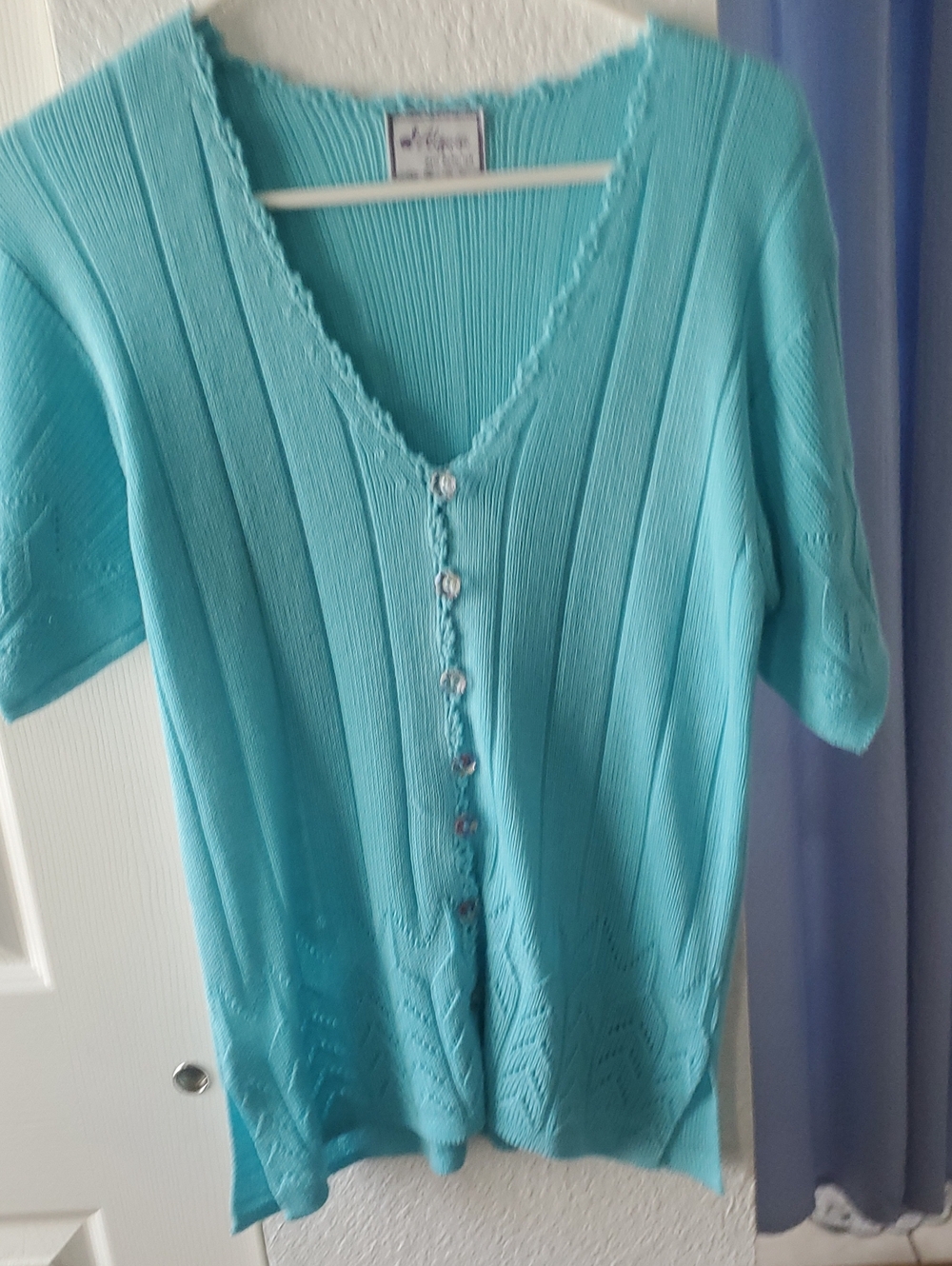 V-Neck Short Sleeve Knit Cardigan - Aqua